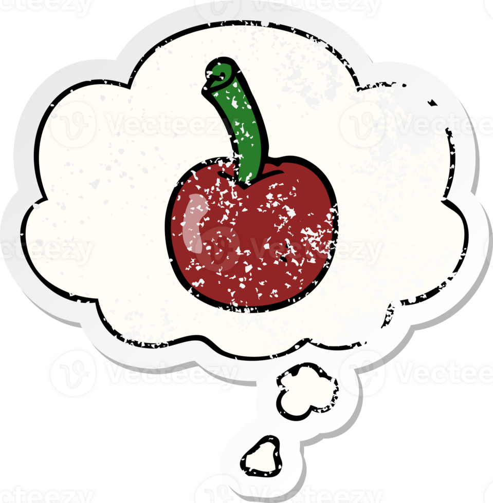 cartoon cherry with thought bubble as a distressed worn sticker png