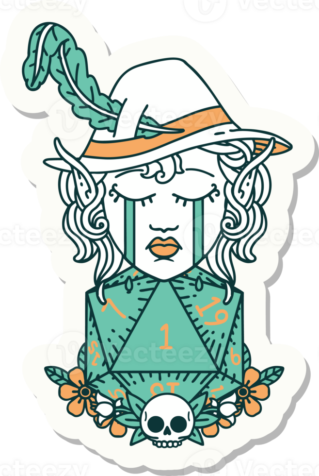 sticker of a crying elf bard character with natural one D20 roll png