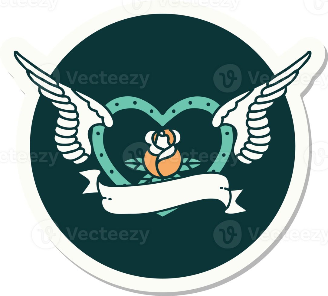 sticker of tattoo in traditional style of a flying heart with flowers and banner png