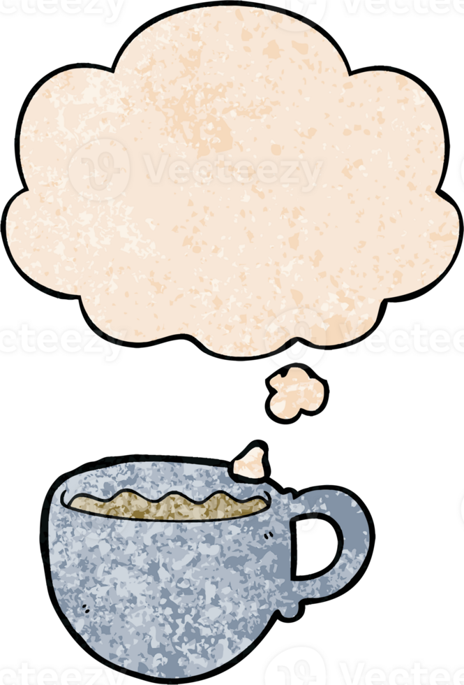 cartoon coffee cup with thought bubble in grunge texture style png