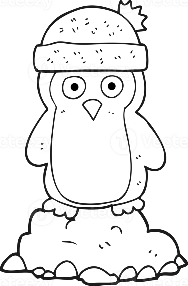 hand drawn black and white cartoon penguin wearing hat png