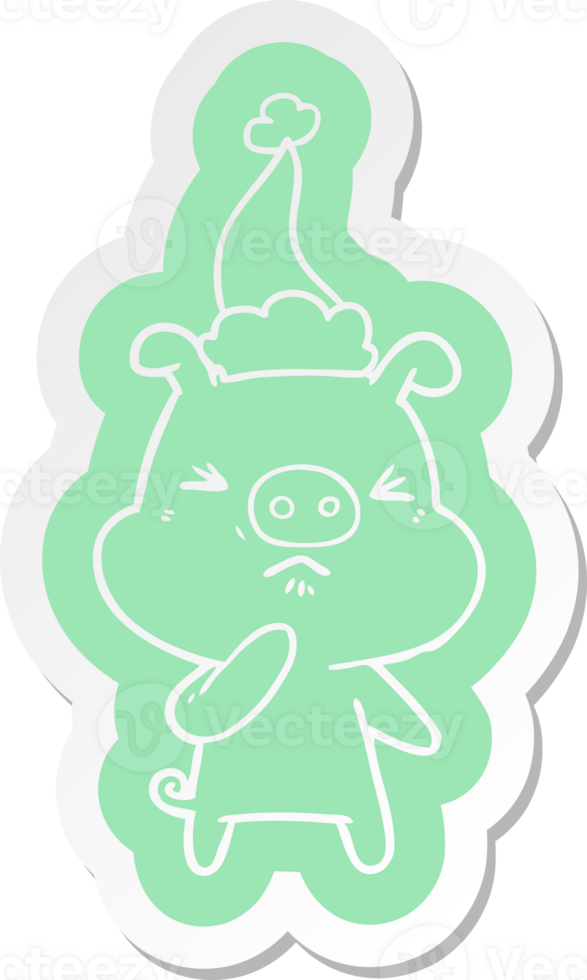 quirky cartoon  sticker of a angry pig wearing santa hat png