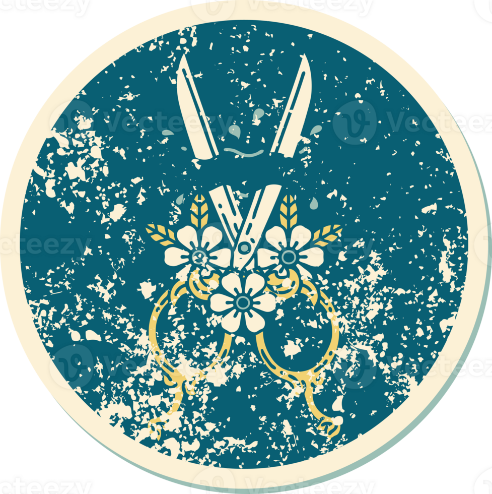 iconic distressed sticker tattoo style image of barber scissors and flowers png