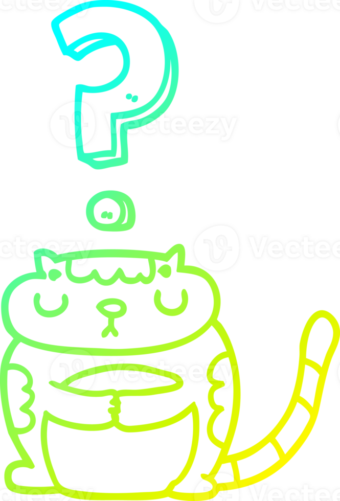 cold gradient line drawing of a cartoon cat with question mark png