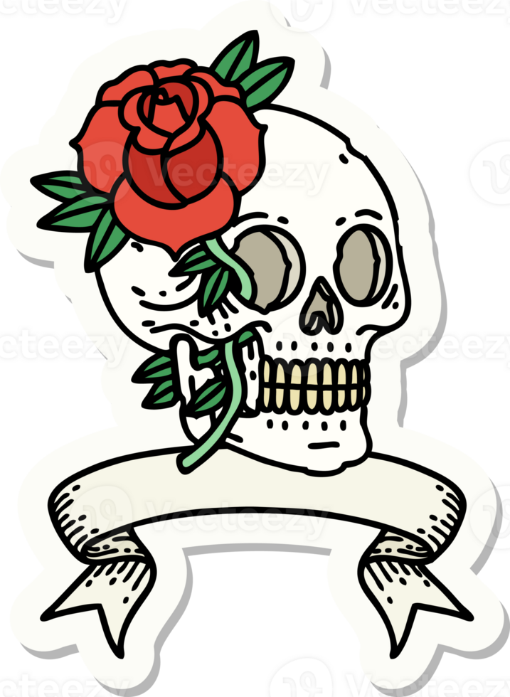 tattoo style sticker with banner of a skull and rose png