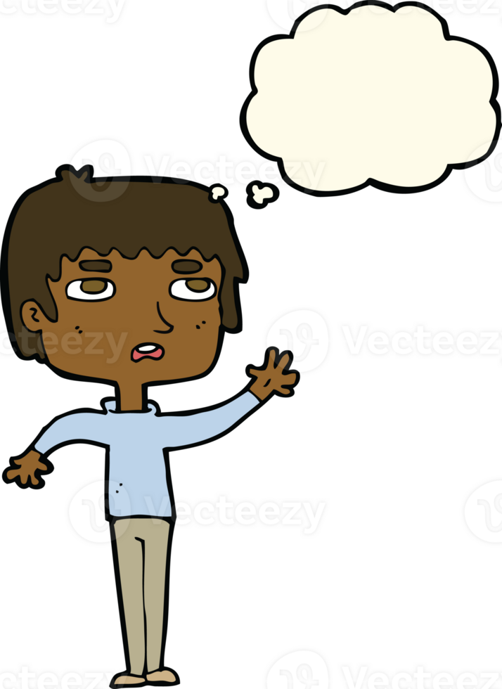 cartoton unhappy boy waving with thought bubble png