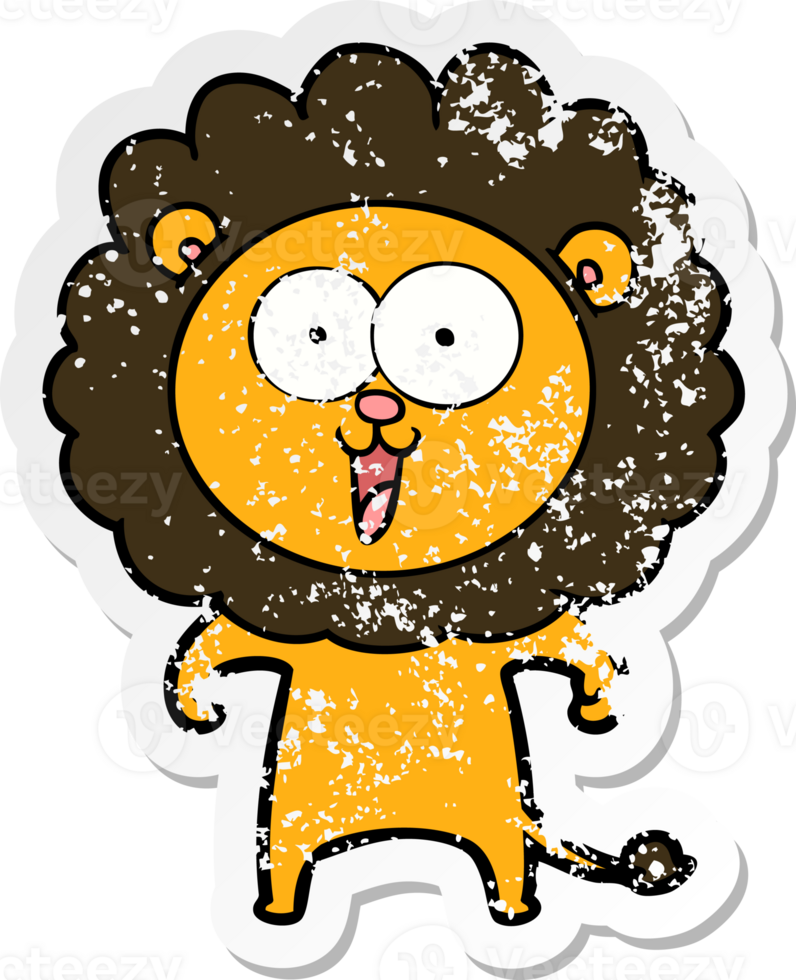 distressed sticker of a happy cartoon lion png