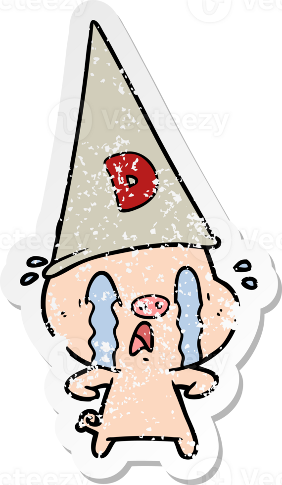 distressed sticker of a crying pig wearing dunce hat png