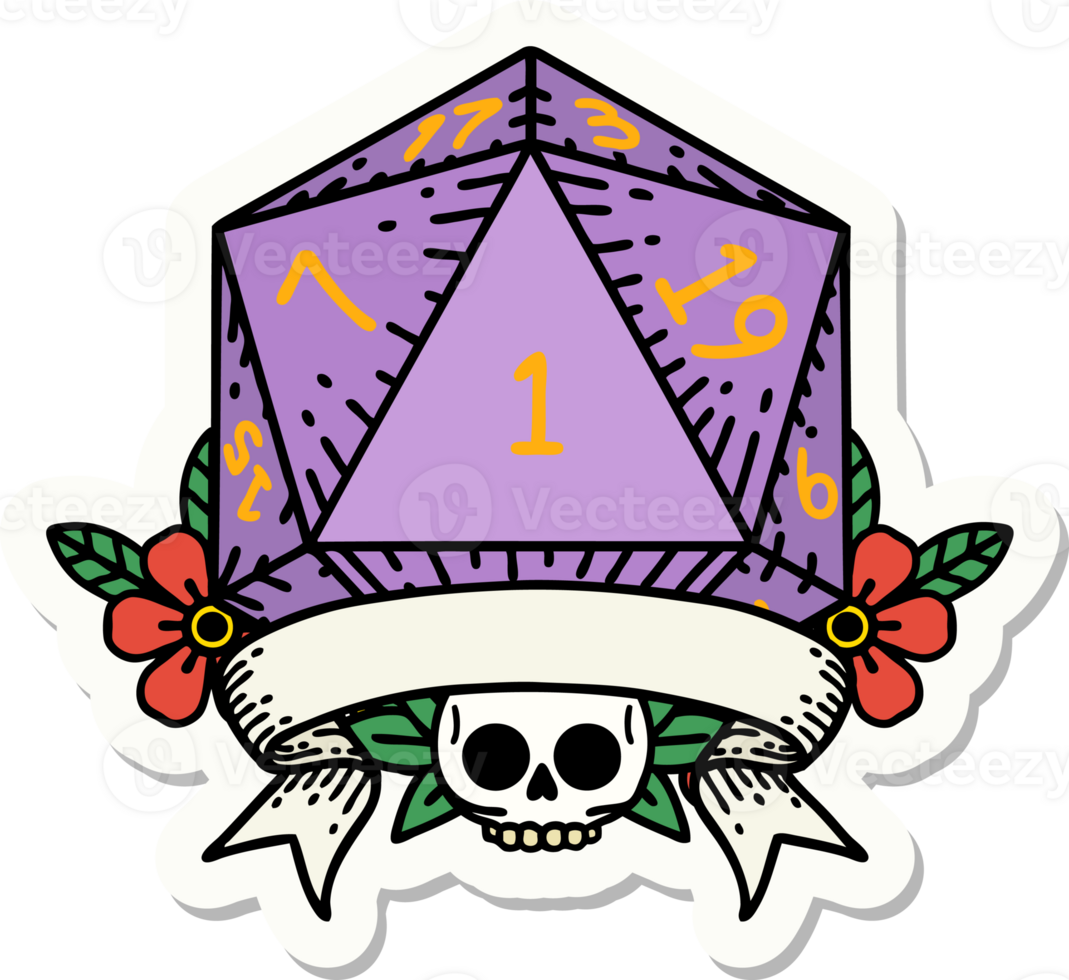 sticker of a natural one d20 dice roll png