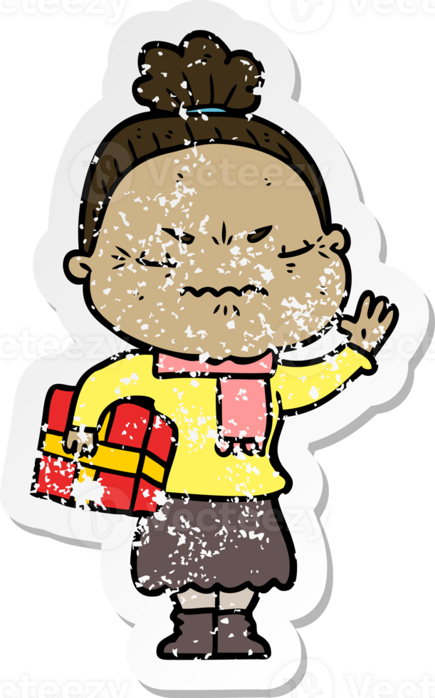 distressed sticker of a cartoon annoyed old lady png