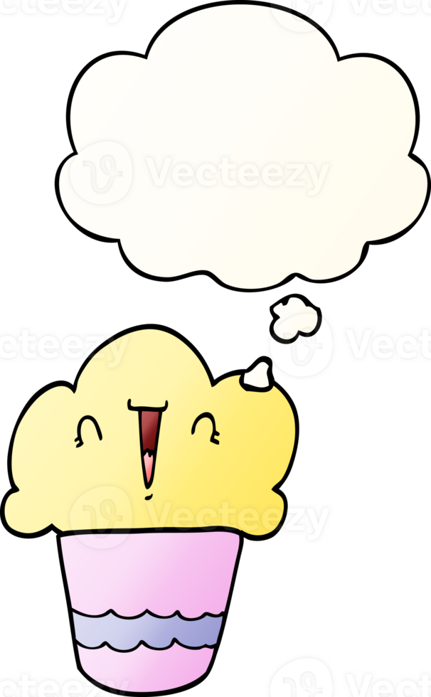 cartoon cupcake with face with thought bubble in smooth gradient style png