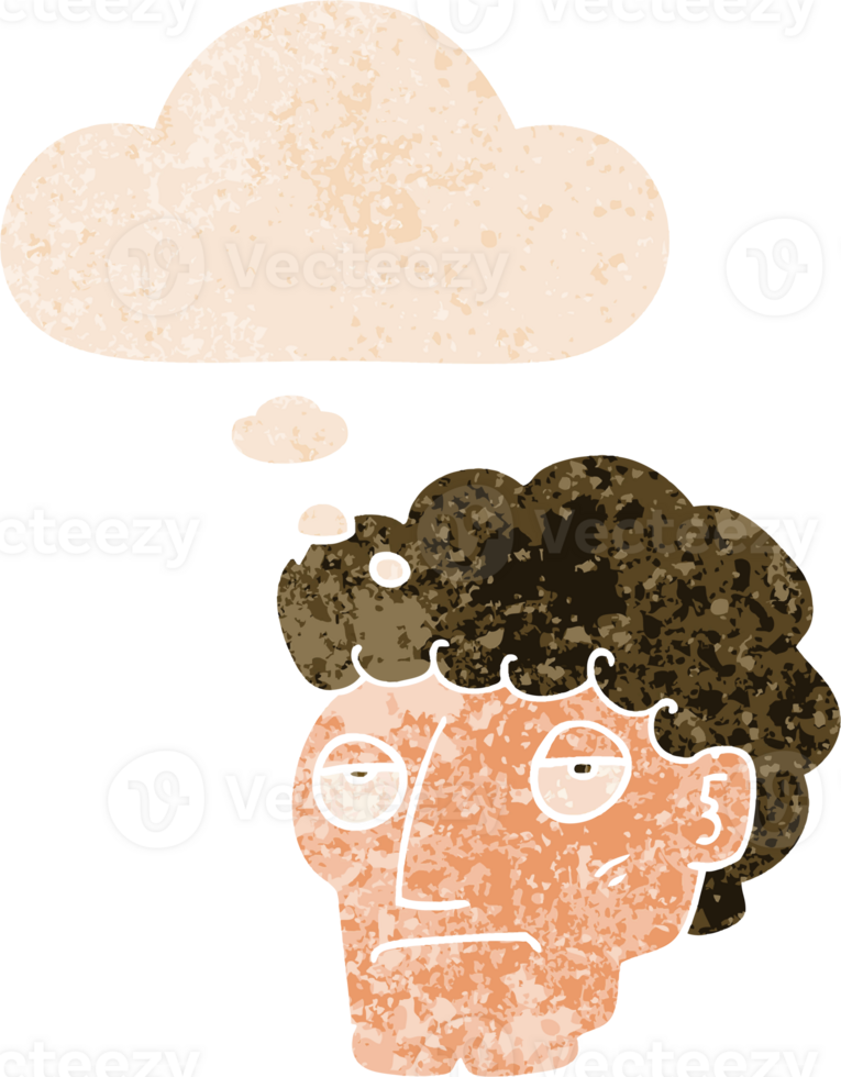 cartoon bored man with thought bubble in grunge distressed retro textured style png
