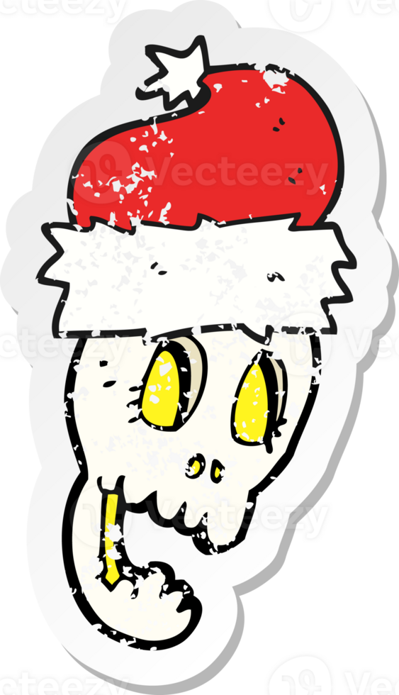retro distressed sticker of a cartoon christmas hat on skull png