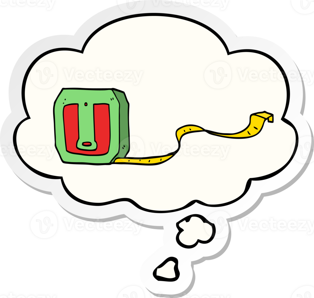 cartoon tape measure with thought bubble as a printed sticker png