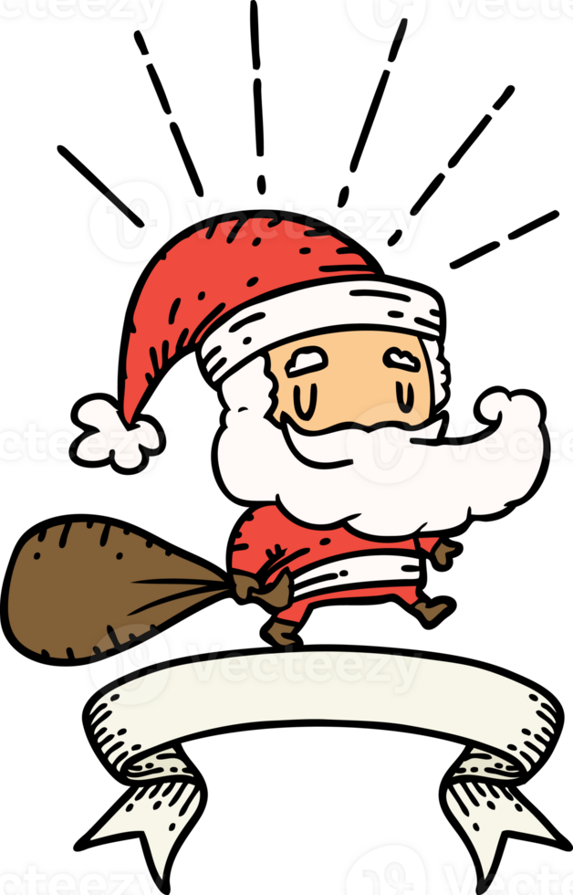 scroll banner with tattoo style santa claus christmas character with sack png