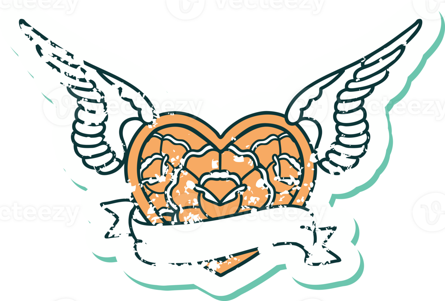 iconic distressed sticker tattoo style image of a flying heart with flowers and banner png