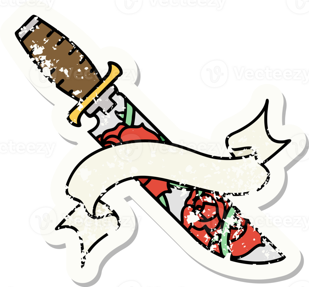 worn old sticker with banner of a dagger and flowers png