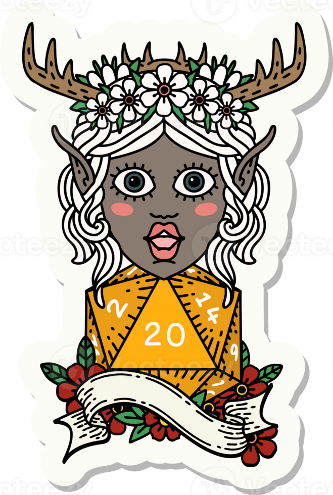 sticker of a elf druid character with natural twenty dice roll png