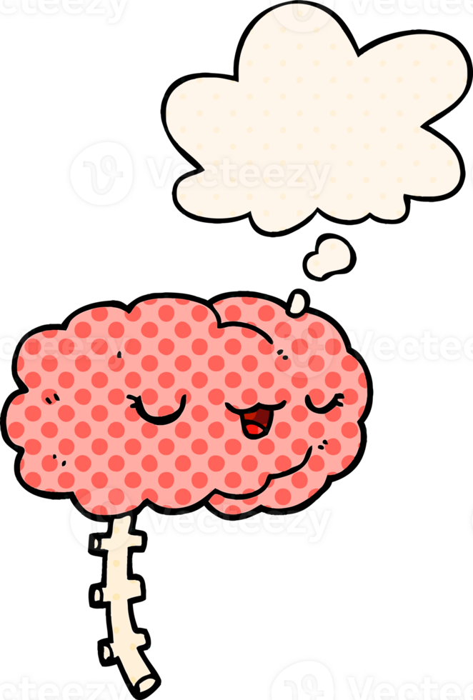 happy cartoon brain with thought bubble in comic book style png