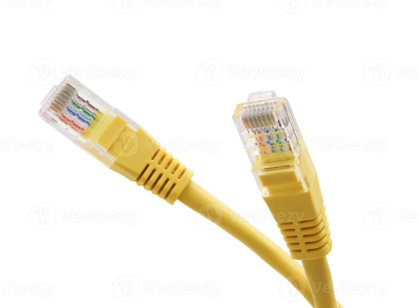 Yellow network cables with molded RJ45 plug isolated on white background photo