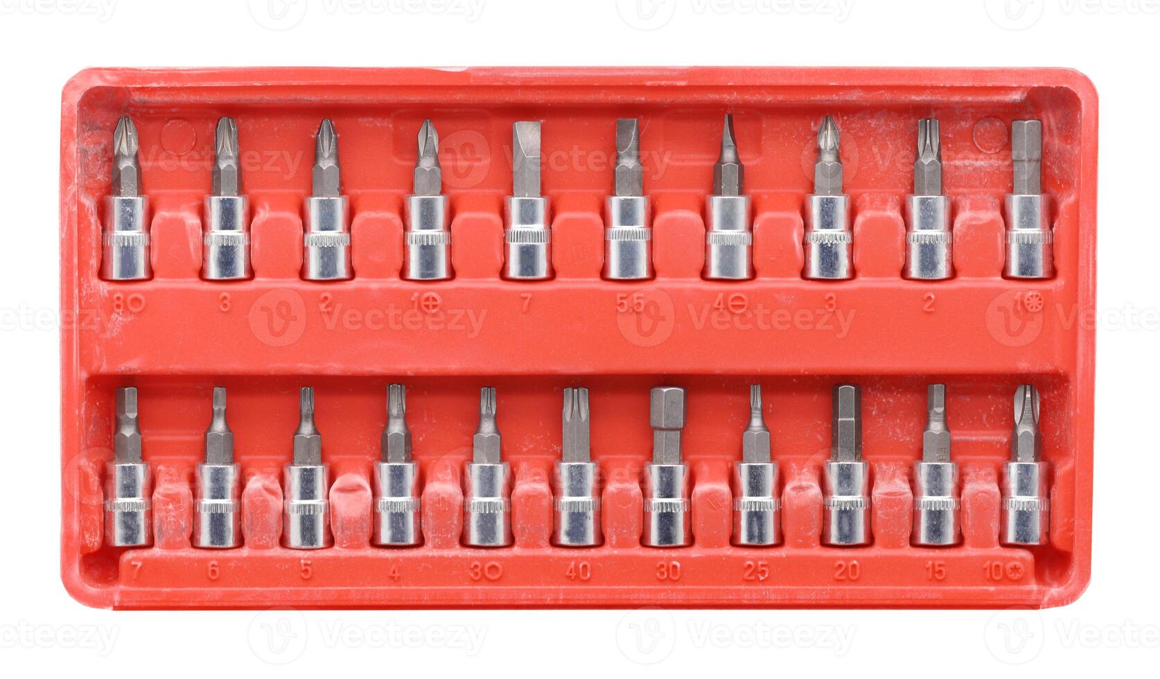Set of mechanical tools in red plastic box. photo