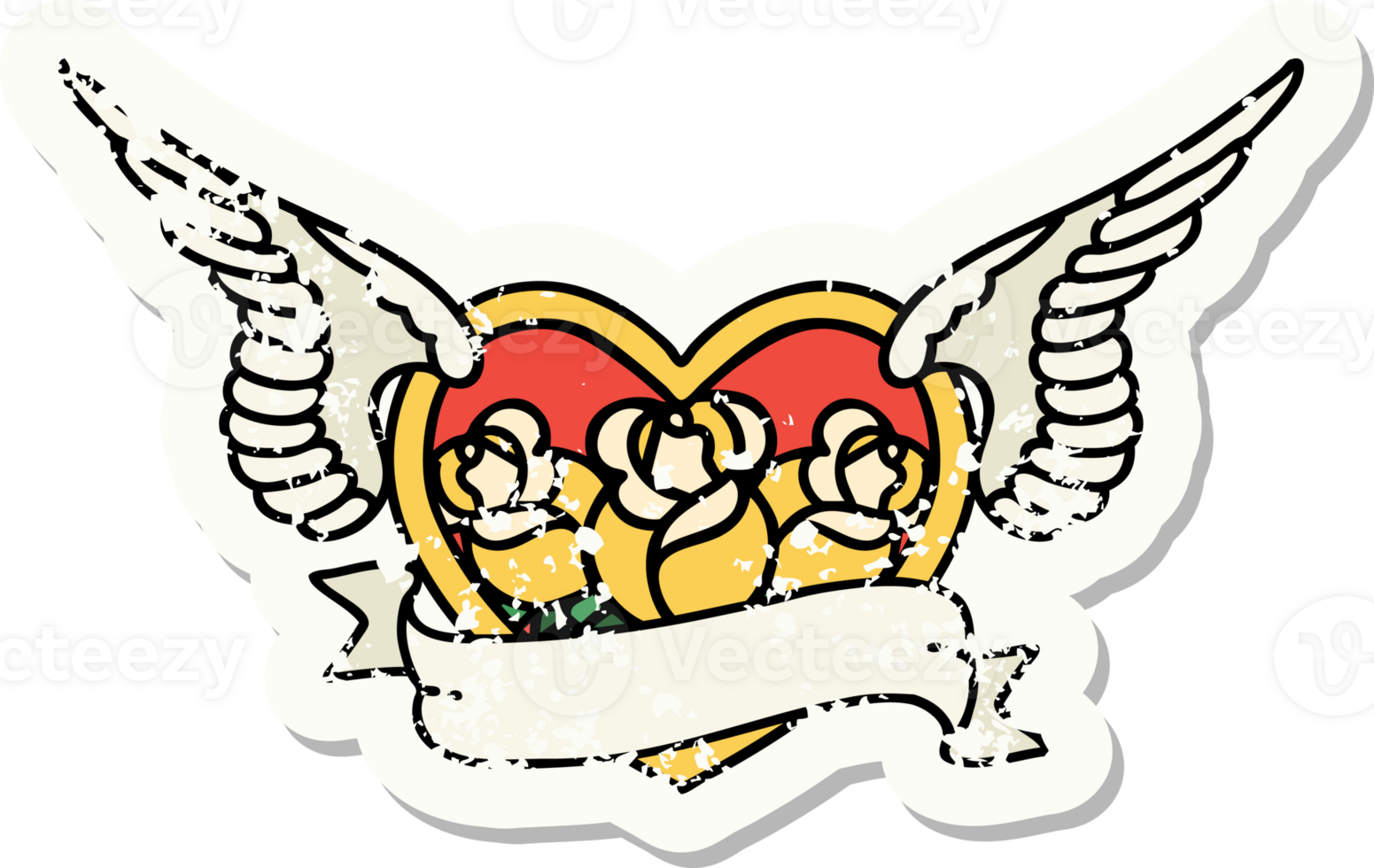 distressed sticker tattoo in traditional style of a flying heart with flowers and banner png