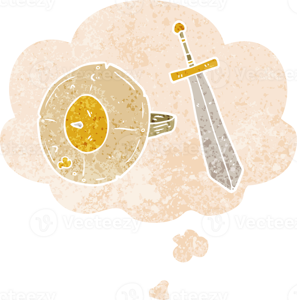 cartoon shield and sword with thought bubble in grunge distressed retro textured style png