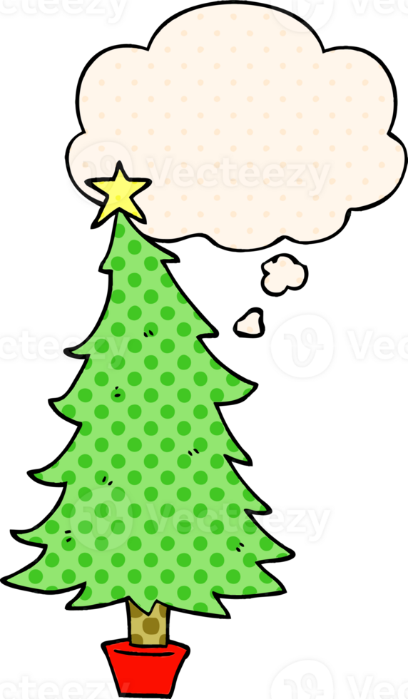 cartoon christmas tree with thought bubble in comic book style png