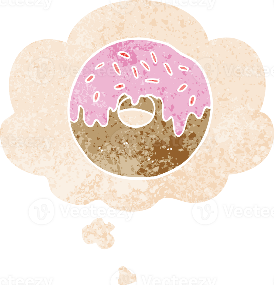 cartoon donut with thought bubble in grunge distressed retro textured style png
