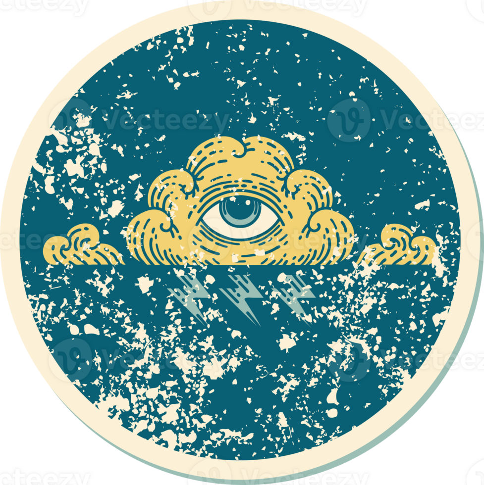 iconic distressed sticker tattoo style image of an all seeing eye cloud png