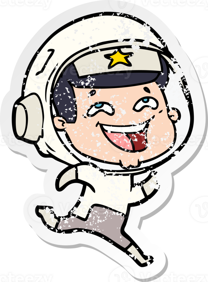 distressed sticker of a cartoon laughing astronaut png