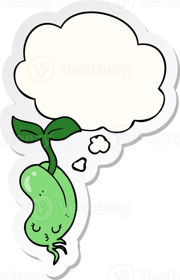 cartoon sprouting bean with thought bubble as a printed sticker png