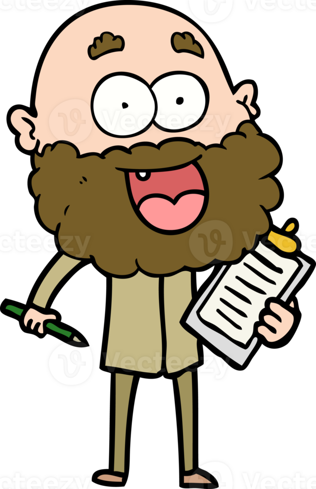 cartoon crazy happy man with beard and clip board for notes png