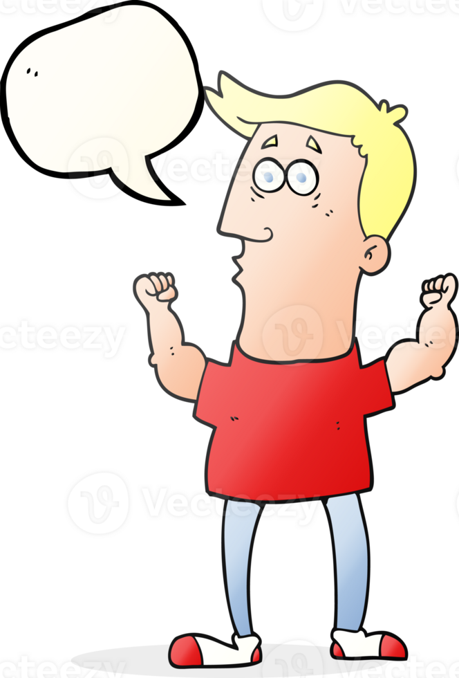 hand drawn speech bubble cartoon surprised man flexing biceps png