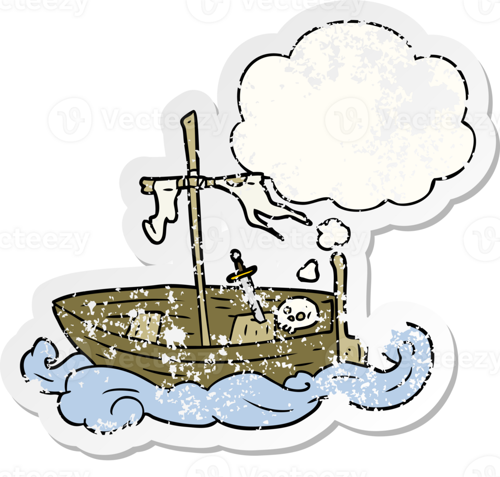 cartoon old boat with thought bubble as a distressed worn sticker png