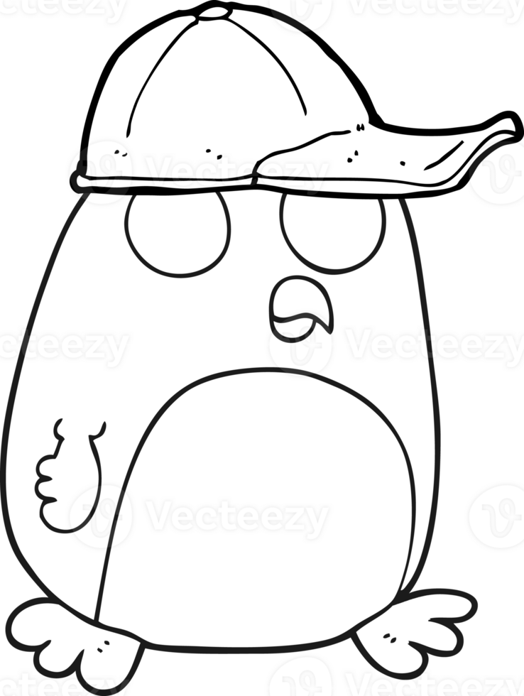 hand drawn black and white cartoon bird in cap png