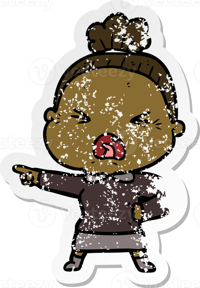 distressed sticker of a cartoon angry old woman png
