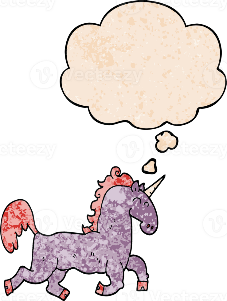 cartoon unicorn with thought bubble in grunge texture style png