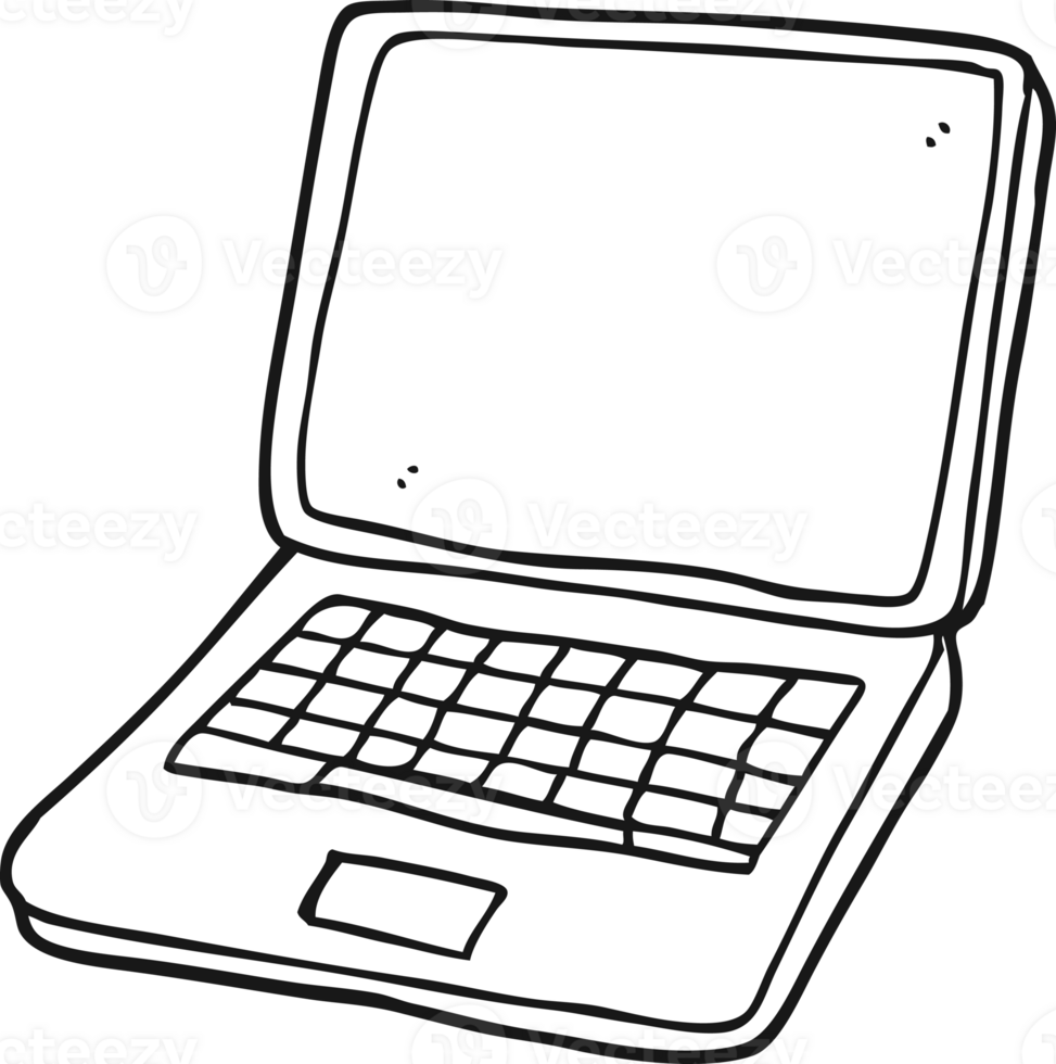 hand drawn black and white cartoon laptop computer with heart symbol on screen png