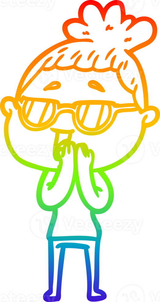 rainbow gradient line drawing of a cartoon happy woman wearing spectacles png