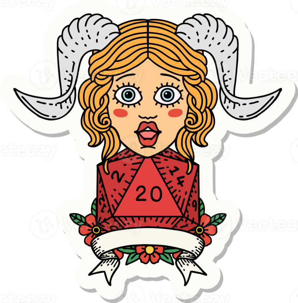 sticker of a tiefling with natural twenty dice roll png