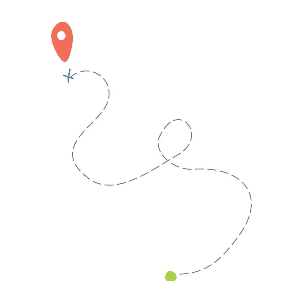 Road line path icon, Route with start point, Dash line trace and Destination. Hand drawn Flat Cartoon Illustration Isolated on White. Map Tag and dotted line Design Object, Vacation and Travel vector