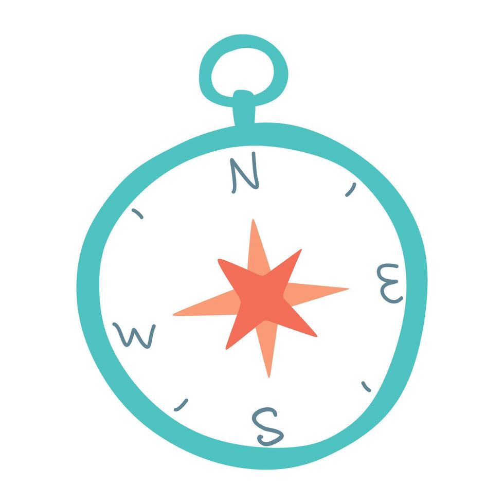 Compass for Navigation and Orientation. Icon Isolated on White background. Cartoon Flat design illustration. Tourist Equipment with North, East, West, South, Exploration and Travel concept. vector