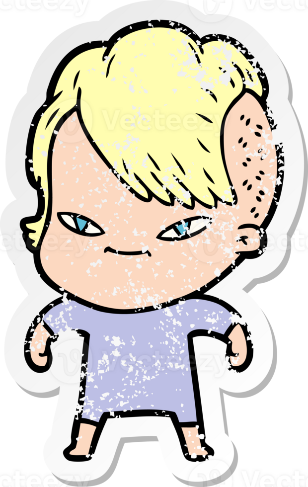 distressed sticker of a cute cartoon girl with hipster haircut png