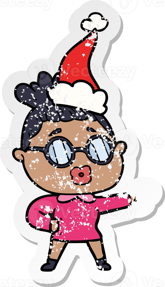 hand drawn distressed sticker cartoon of a pointing woman wearing spectacles wearing santa hat png