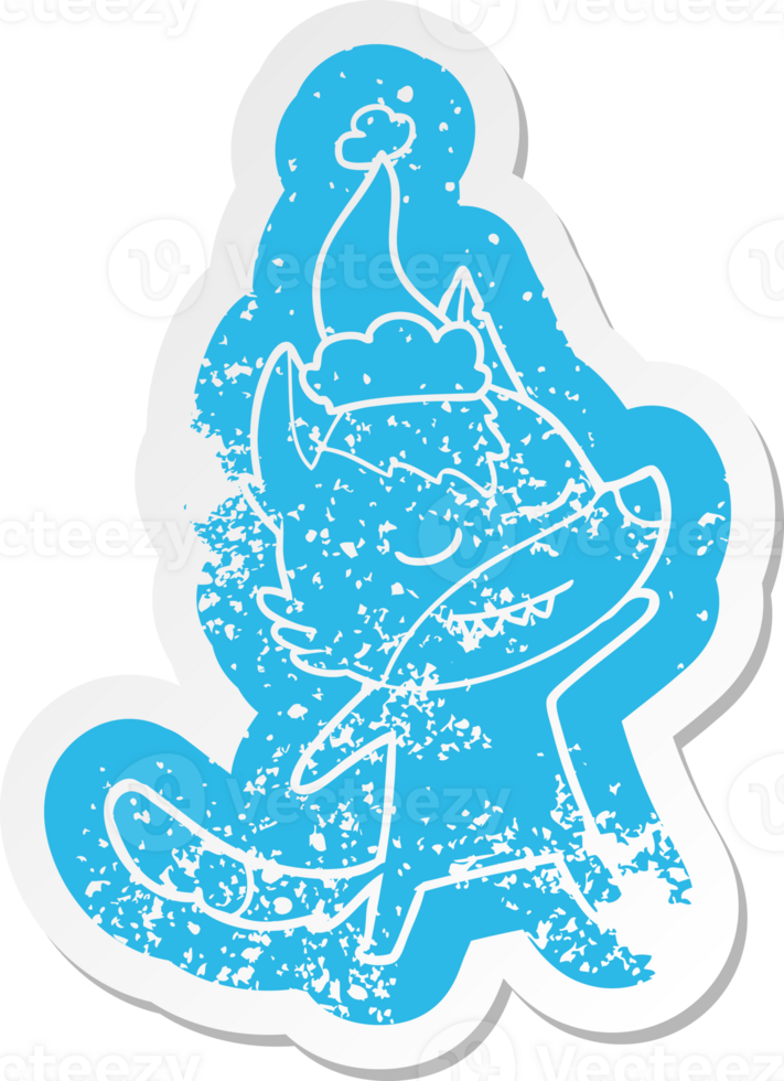 friendly quirky cartoon distressed sticker of a wolf wearing santa hat png