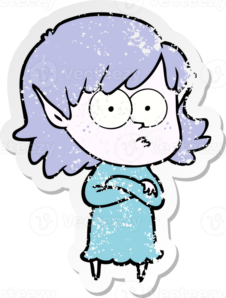 distressed sticker of a cartoon elf girl staring png