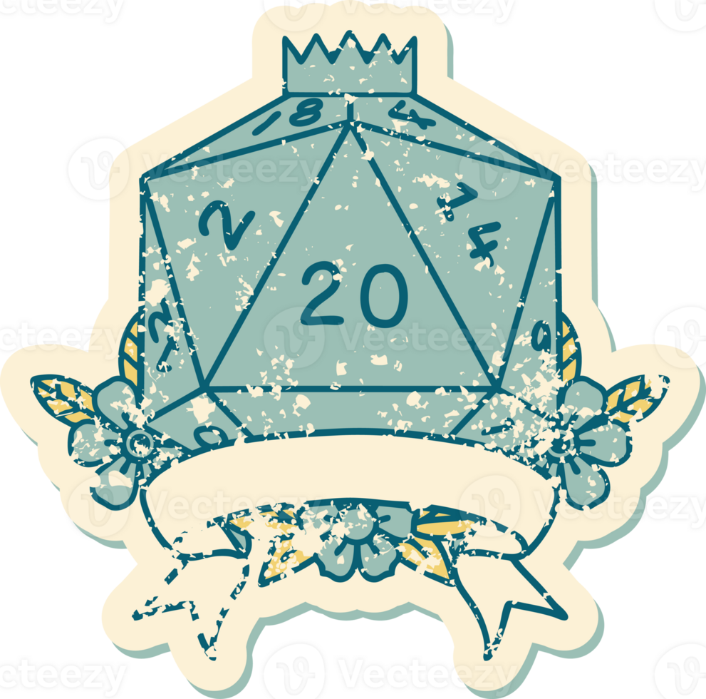 Retro Tattoo Style natural 20 critical hit D20 dice roll png