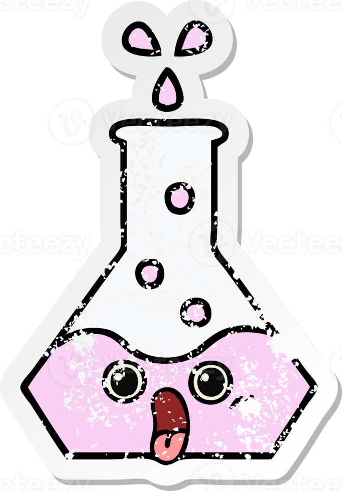 distressed sticker of a cute cartoon science beaker png