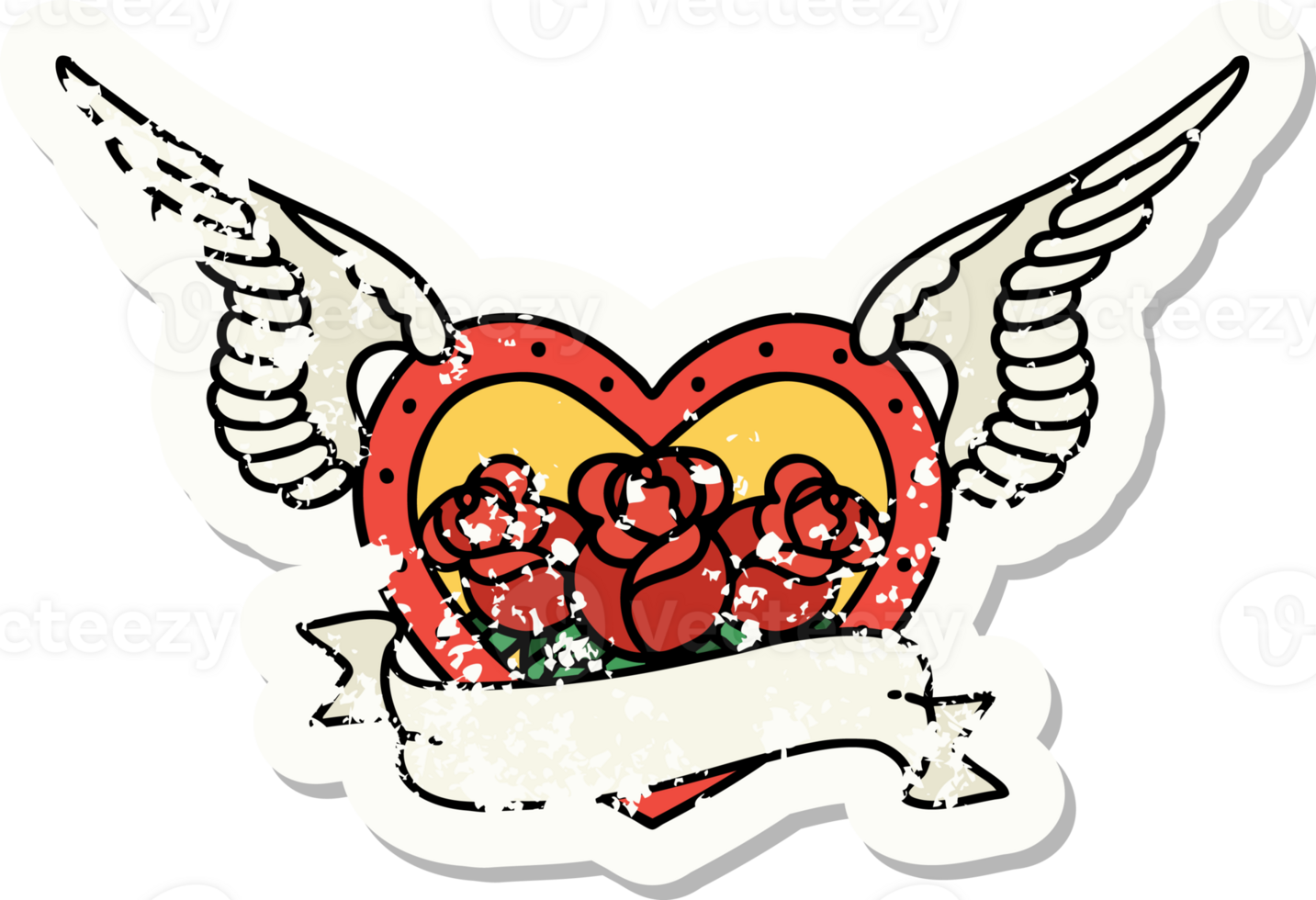distressed sticker tattoo in traditional style of a flying heart with flowers and banner png